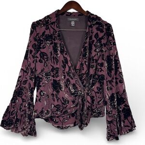 Vintage Whimsigoth Silk Blend Velvet Floral Bell Sleeve Side Tie Blouse Size 14